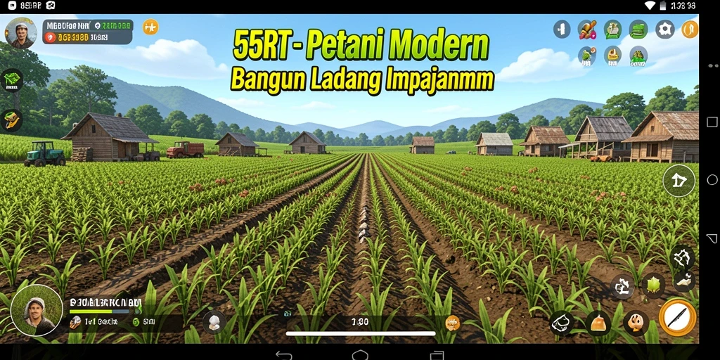 Tangkapan layar gameplay <strong>55RT</strong> menampilkan ladang yang subur dan beragam aktivitas pertanian.