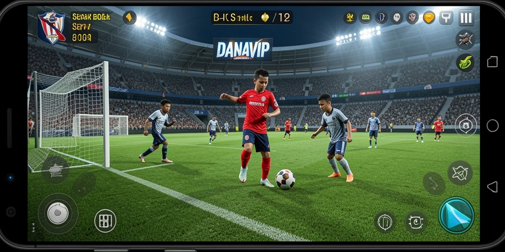 Screenshot utama DANAVIP menampilkan aksi seru permainan sepak bola.