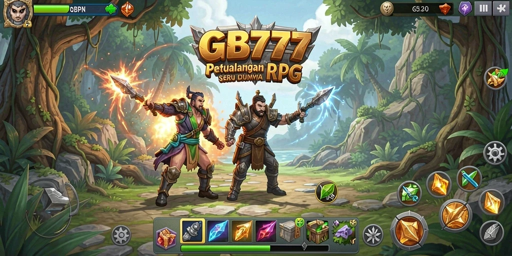 Screenshot utama GB777 menampilkan aksi pertarungan seru di dunia RPG.