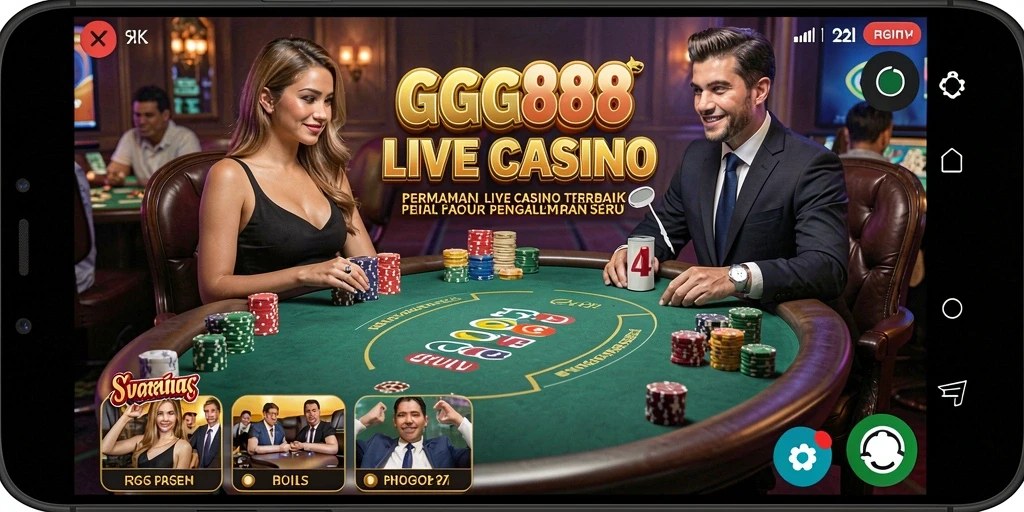 Tampilan gameplay GGG888 dengan dealer langsung dan suasana kasino yang menarik.