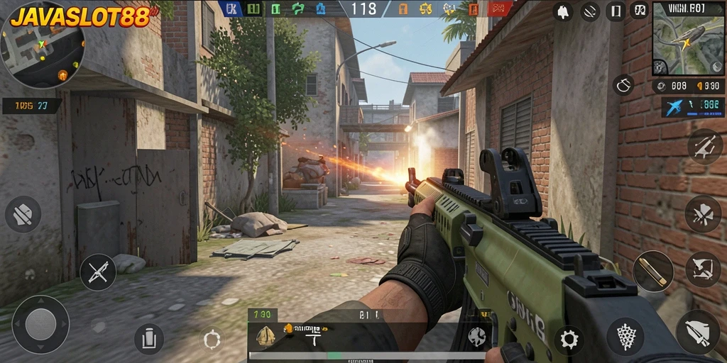 Tampilan screenshot JAVASLOT88 yang menampilkan pertempuran intens dalam game FPS.