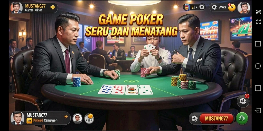 Screenshot game MUSTANG77 menampilkan suasana permainan poker yang mendebarkan.