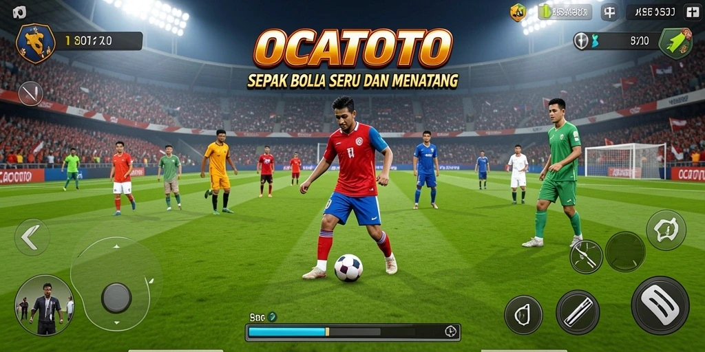 Tampilan gameplay seru di OCATOTO, menampilkan aksi sepak bola nyata.