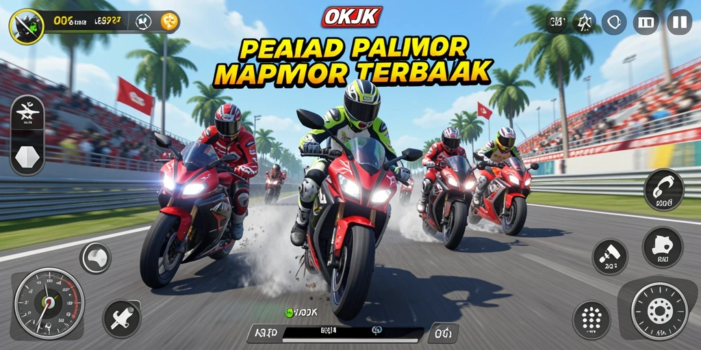 Tangkapan layar utama OKJK menampilkan aksi balap motor yang mendebarkan.