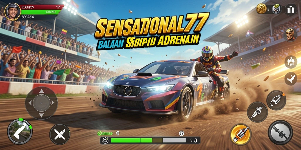 Tampilan gameplay SENSATIONAL77 dengan mobil balap melaju cepat.