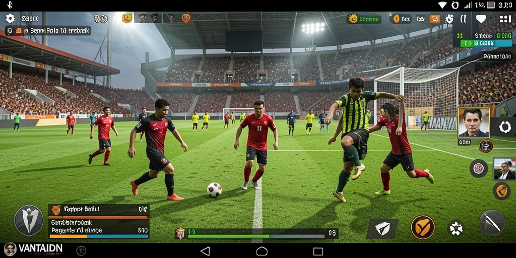 Screenshot gameplay VANTAIDN menampilkan aksi seru di lapangan sepak bola.